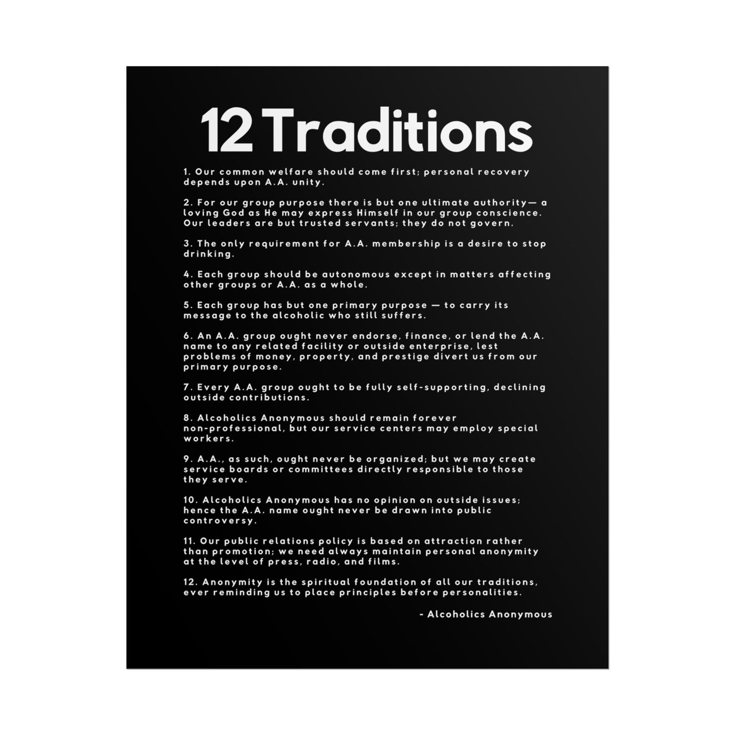 Haler Smith Rolled Poster - 12 Traditions - Vertical Black Matte Finish - White Letters