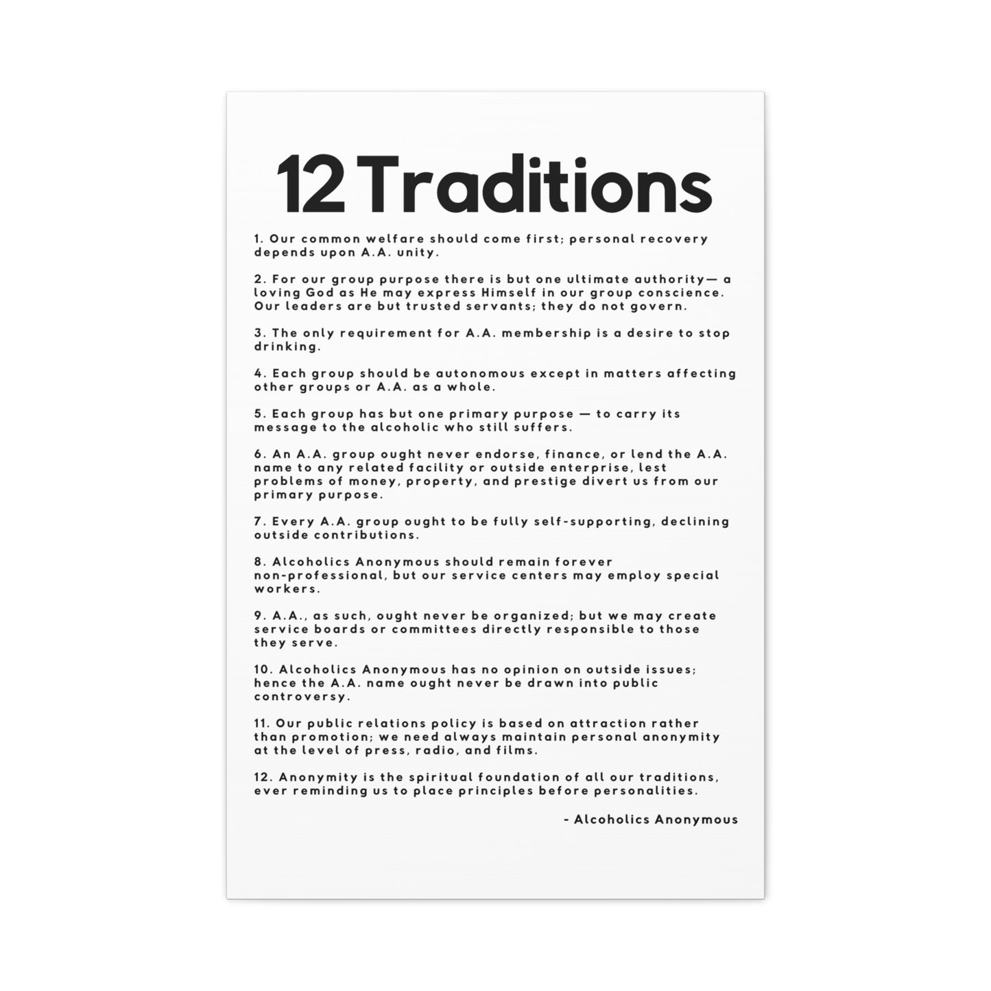 Haler Smith Matte Canvas - 12 Traditions - Vertical White Matte Finish - Black Letters