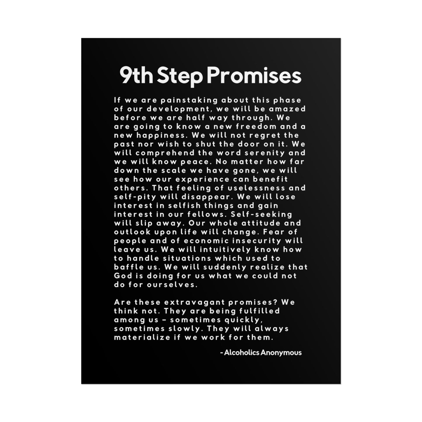 Haler Smith Rolled Poster - 9th Step Promises - Vertical Black Matte Finish - White Letters