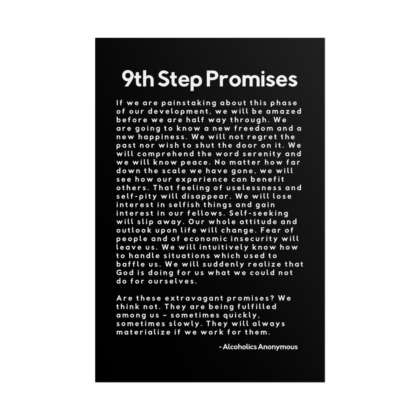 Haler Smith Rolled Poster - 9th Step Promises - Vertical Black Matte Finish - White Letters