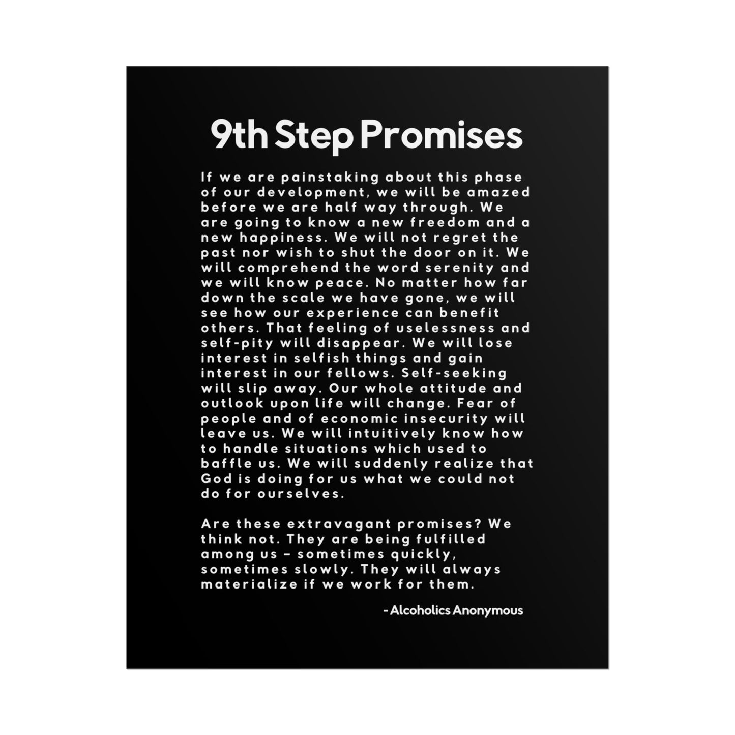 Haler Smith Rolled Poster - 9th Step Promises - Vertical Black Matte Finish - White Letters