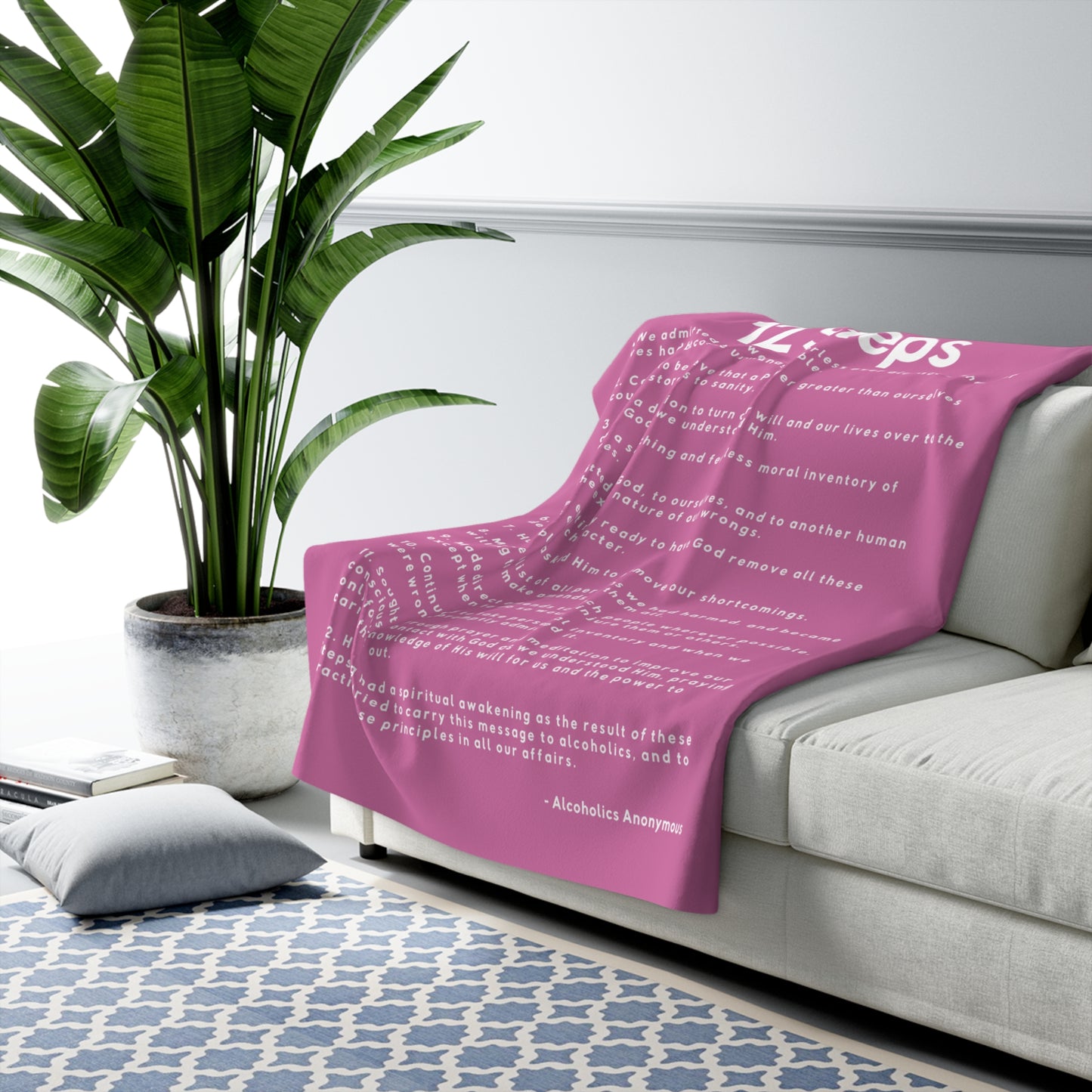 Haler Smith Sherpa Fleece Blanket - 12 Steps - White Letters - Pink