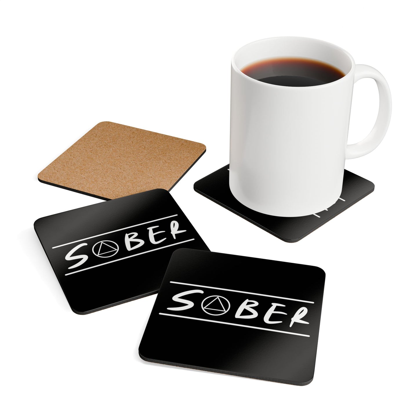 Recovery Corkwood Coaster Set of 4 | Sober Design 1 | Black with White Letters