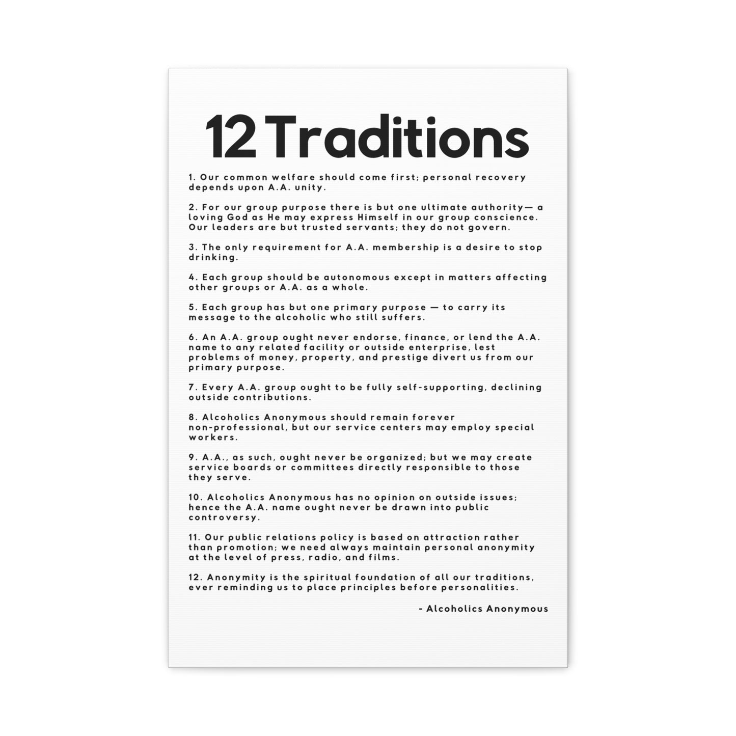 Haler Smith Matte Canvas - 12 Traditions - Vertical White Matte Finish - Black Letters