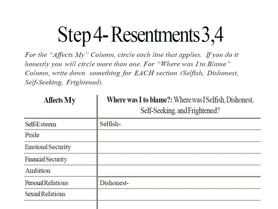 Step Journals- Step 4 Resentments- Download