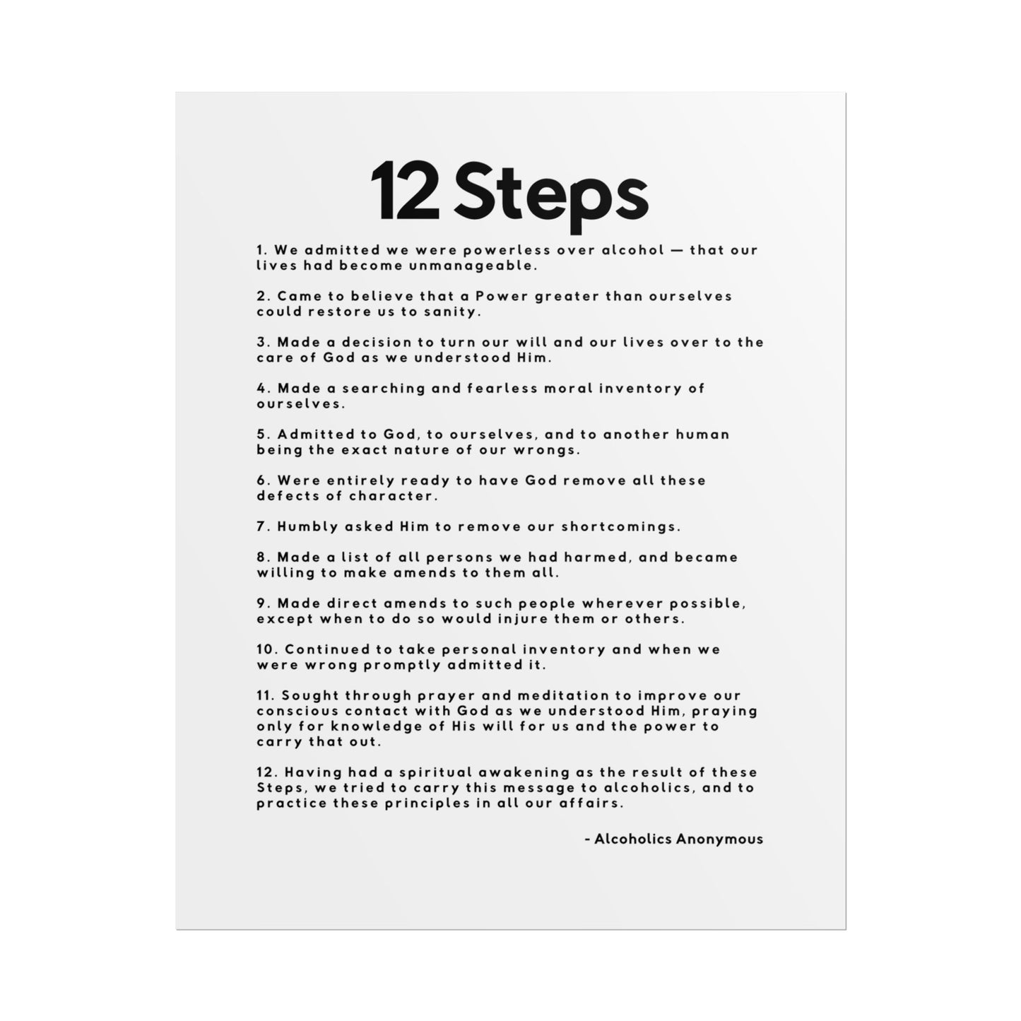 Haler Smith Rolled Poster - 12 Steps - Vertical White Matte Finish - Black Letters