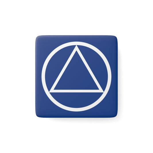 Recovery Square Porcelain Magnet | Circle and Triangle Design 1 | Dark Blue with White Letters