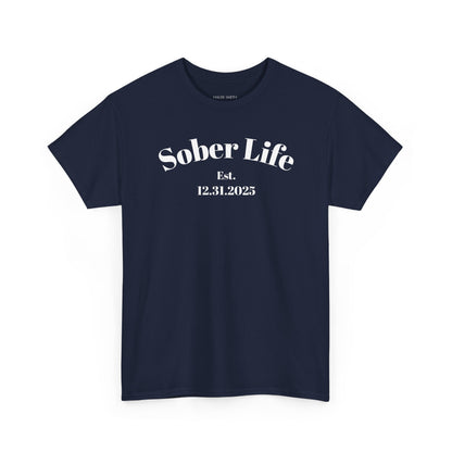 Sober Life Est. personalized recovery short sleeve T-shirt in Navy featuring Sober Life Est. Design 1 with sobriety date or year on the front