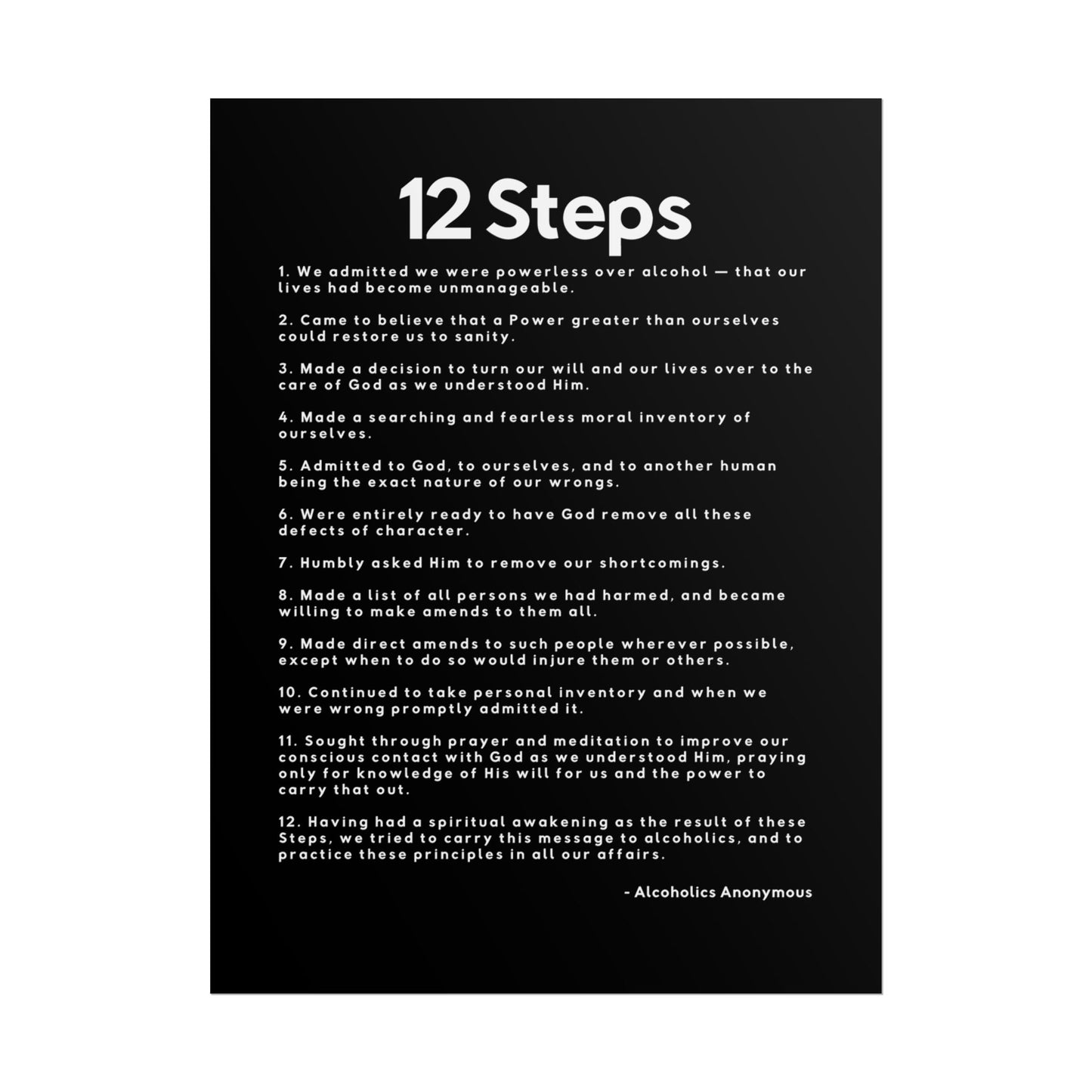 Haler Smith Rolled Poster - 12 Steps - Vertical Black Matte Finish - White Letters