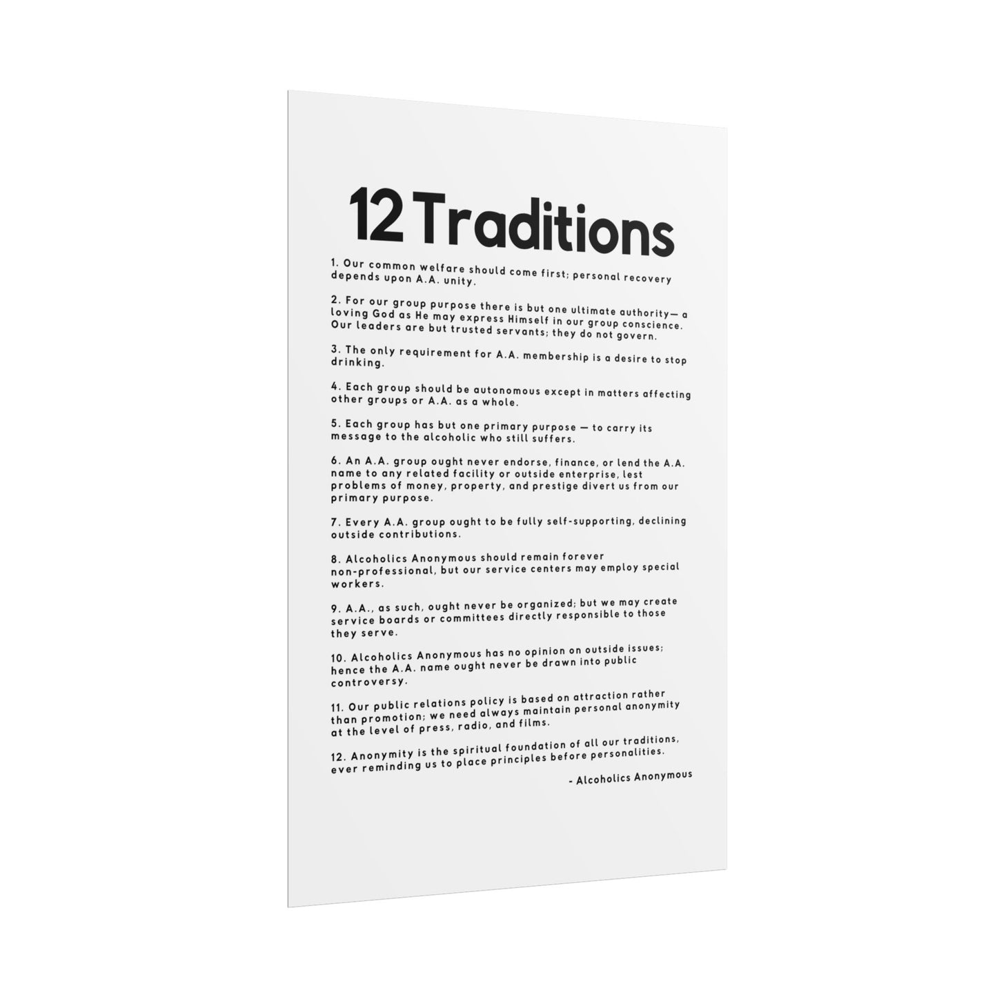 Haler Smith Rolled Poster - 12 Traditions - Vertical White Matte Finish - Black Letters