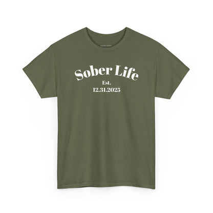 Sober Life Est. recovery short sleeve T-shirt in Military Green featuring Sober Life Est. Design 1 on the front