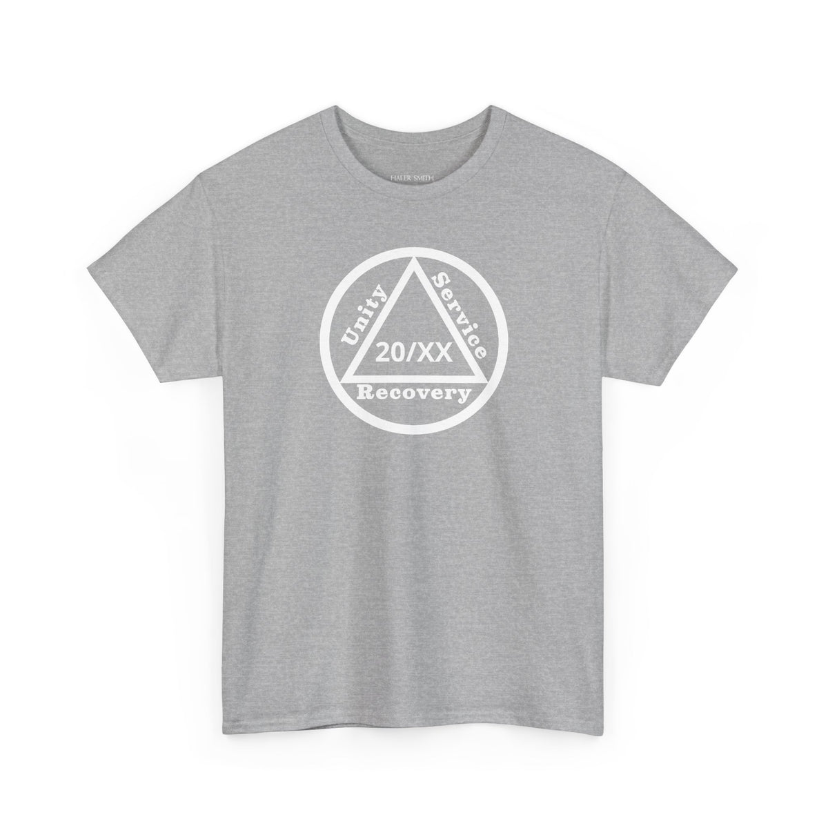 Unity Service Recovery personalized recovery short sleeve T-shirt in Sport Grey featuring Unity Service Recovery Sobriety Years Design 1 with personalized sobriety year on the front