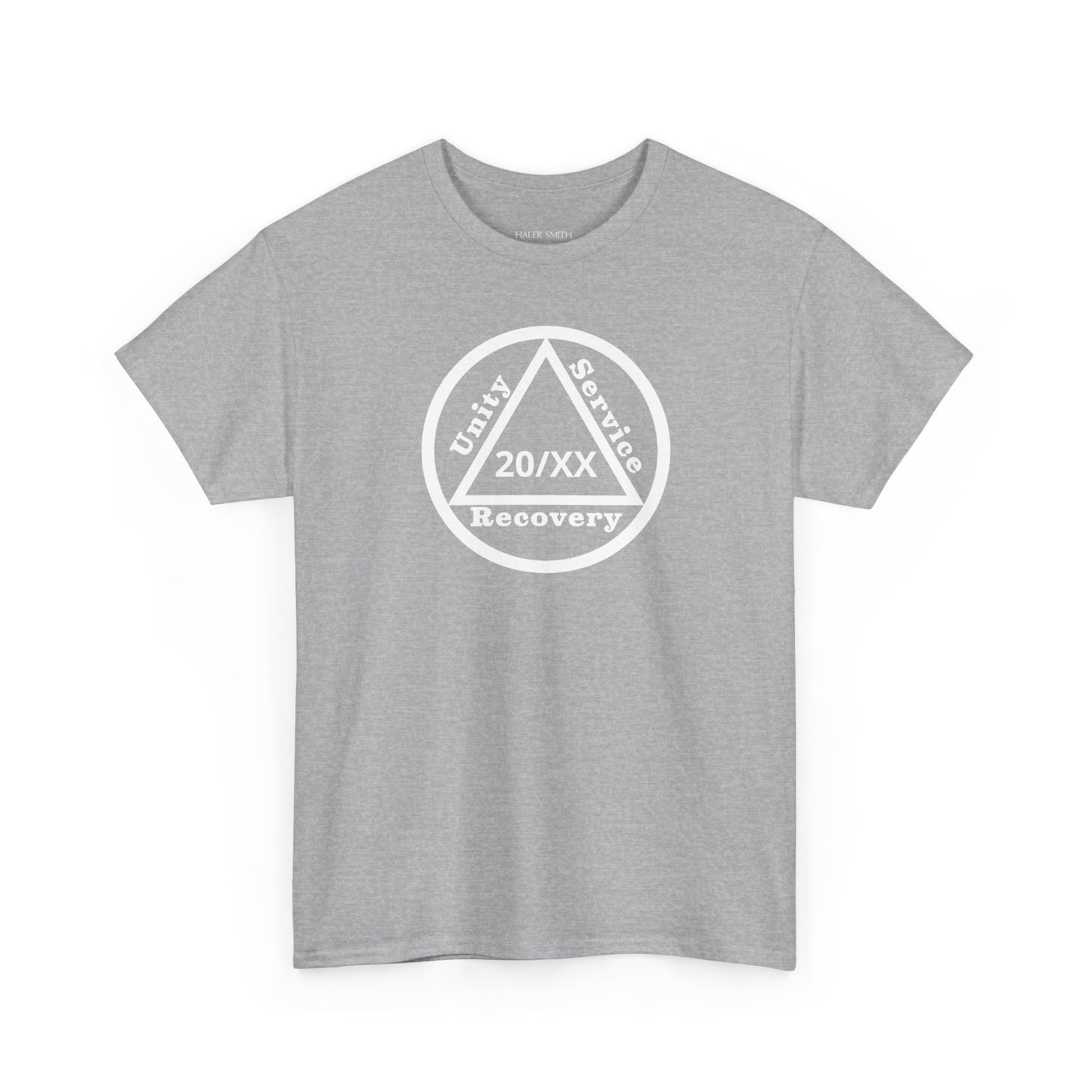 Unity Service Recovery personalized recovery short sleeve T-shirt in Sport Grey featuring Unity Service Recovery Sobriety Years Design 1 with personalized sobriety year on the front