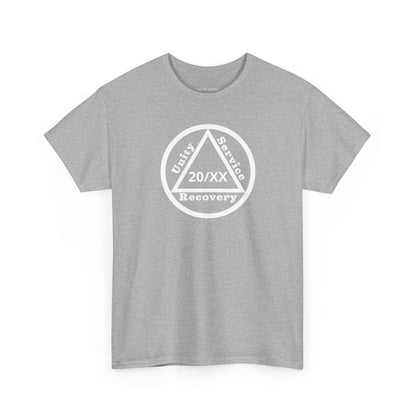 Unity Service Recovery personalized recovery short sleeve T-shirt in Sport Grey featuring Unity Service Recovery Sobriety Years Design 1 with personalized sobriety year on the front