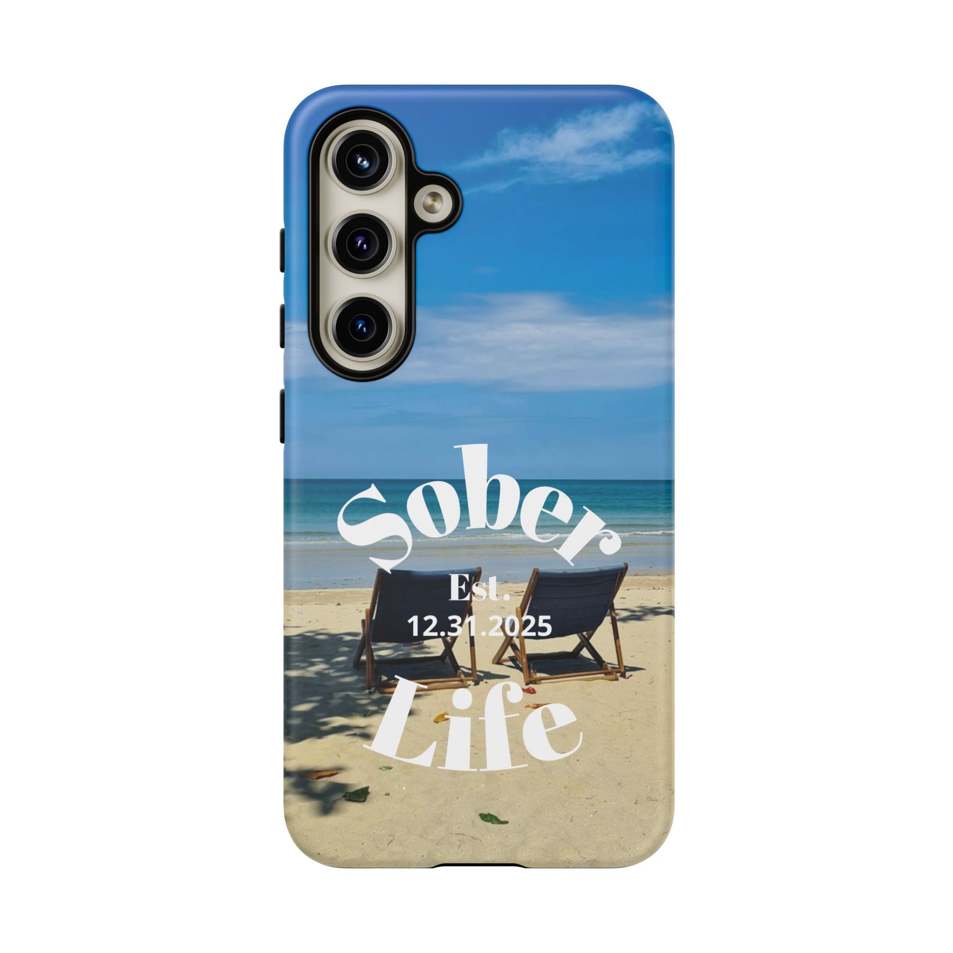 Sober Life Est. personalized recovery Samsung Galaxy phone case featuring the Beach Scene and Sober Life Est. Design 1