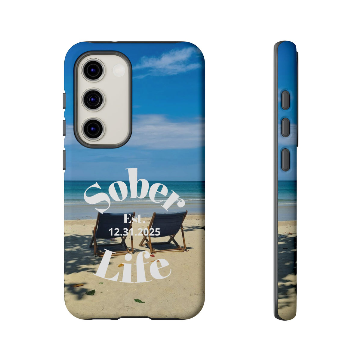 Sober Life Est. personalized recovery Samsung Galaxy phone case featuring the Beach Scene and Sober Life Est. Design 1