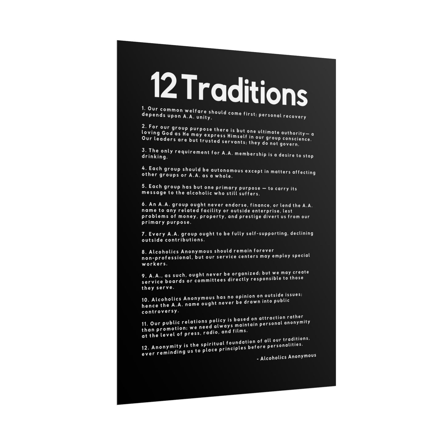 Haler Smith Rolled Poster - 12 Traditions - Vertical Black Matte Finish - White Letters