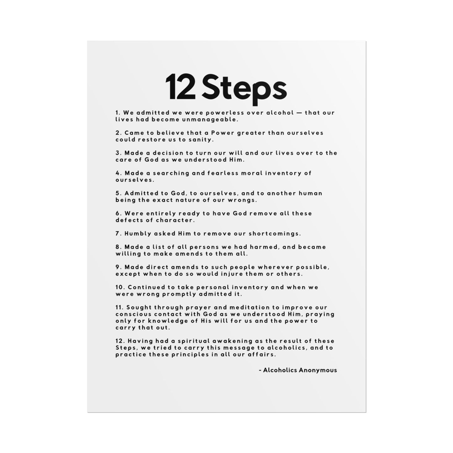 Haler Smith Rolled Poster - 12 Steps - Vertical White Matte Finish - Black Letters