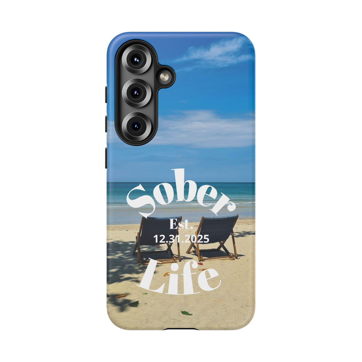 Sober Life Est. personalized recovery Samsung Galaxy phone case featuring the Beach Scene and Sober Life Est. Design 1
