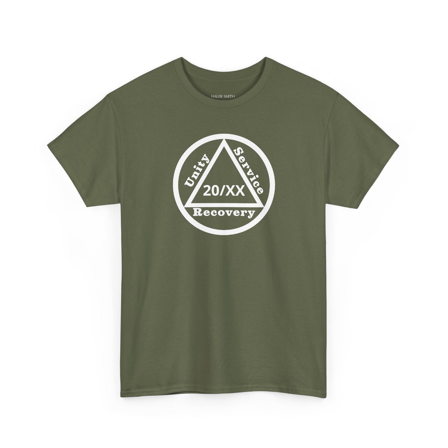 Unity Service Recovery recovery short sleeve T-shirt in Military Green featuring Unity Service Recovery Sobriety Years Design 1 on the front