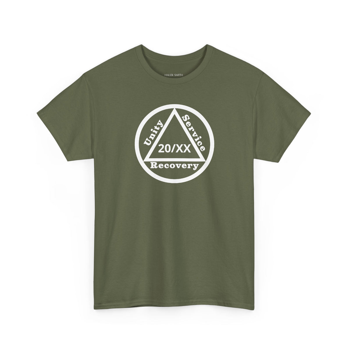 Unity Service Recovery recovery short sleeve T-shirt in Military Green featuring Unity Service Recovery Sobriety Years Design 1 on the front