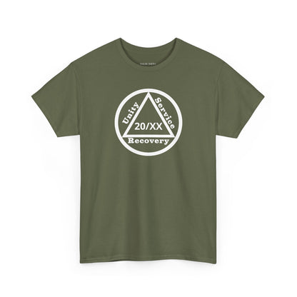 Unity Service Recovery recovery short sleeve T-shirt in Military Green featuring Unity Service Recovery Sobriety Years Design 1 on the front