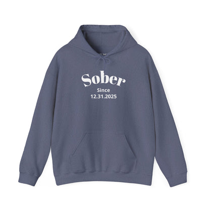 Sober Since recovery hoodie in Heather Navy featuring Sober Since Design 1 on the front