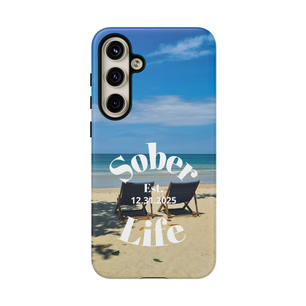 Sober Life Est. personalized recovery Samsung Galaxy phone case featuring the Beach Scene and Sober Life Est. Design 1