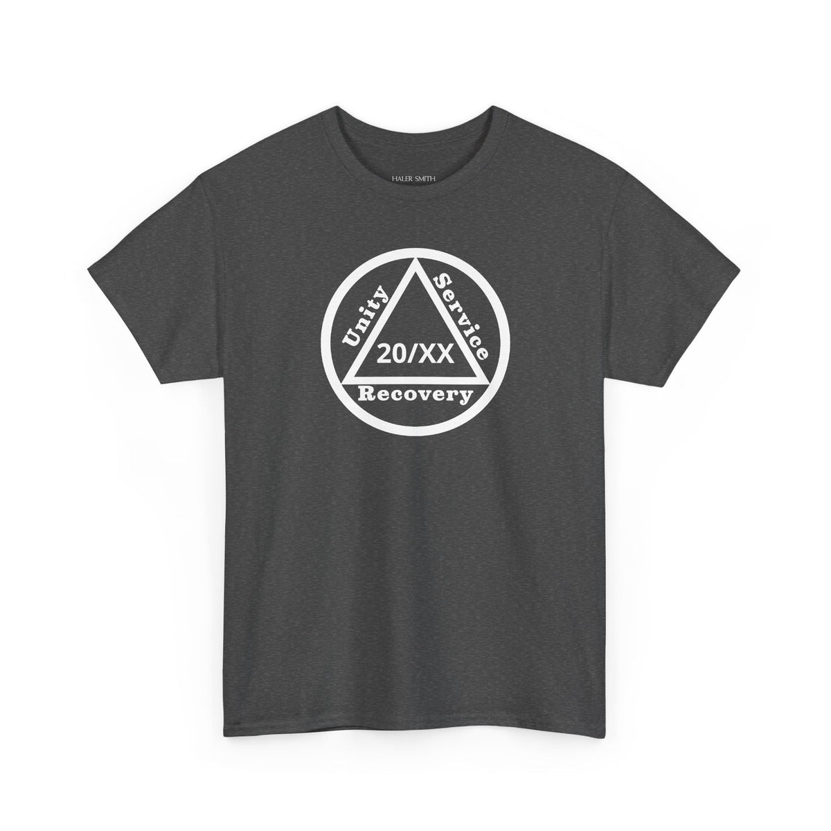 Unity Service Recovery recovery short sleeve T-shirt in Dark Heather featuring Unity Service Recovery Sobriety Years Design 1 on the front