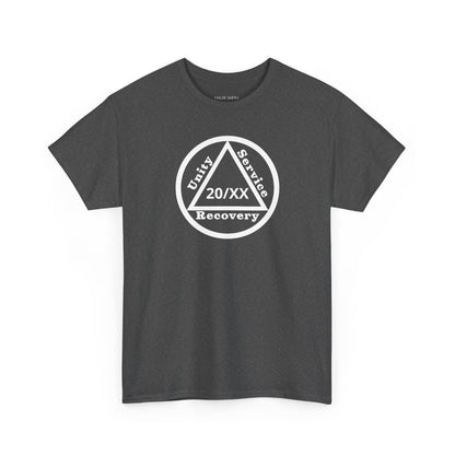 Unity Service Recovery recovery short sleeve T-shirt in Dark Heather featuring Unity Service Recovery Sobriety Years Design 1 on the front