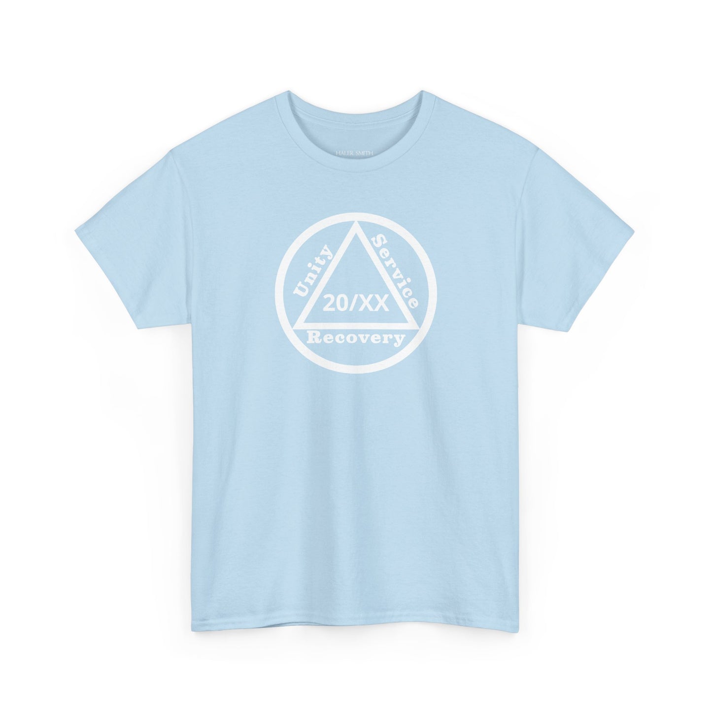 Unity Service Recovery recovery short sleeve T-shirt in Light Blue featuring Unity Service Recovery Sobriety Years Design 1 on the front
