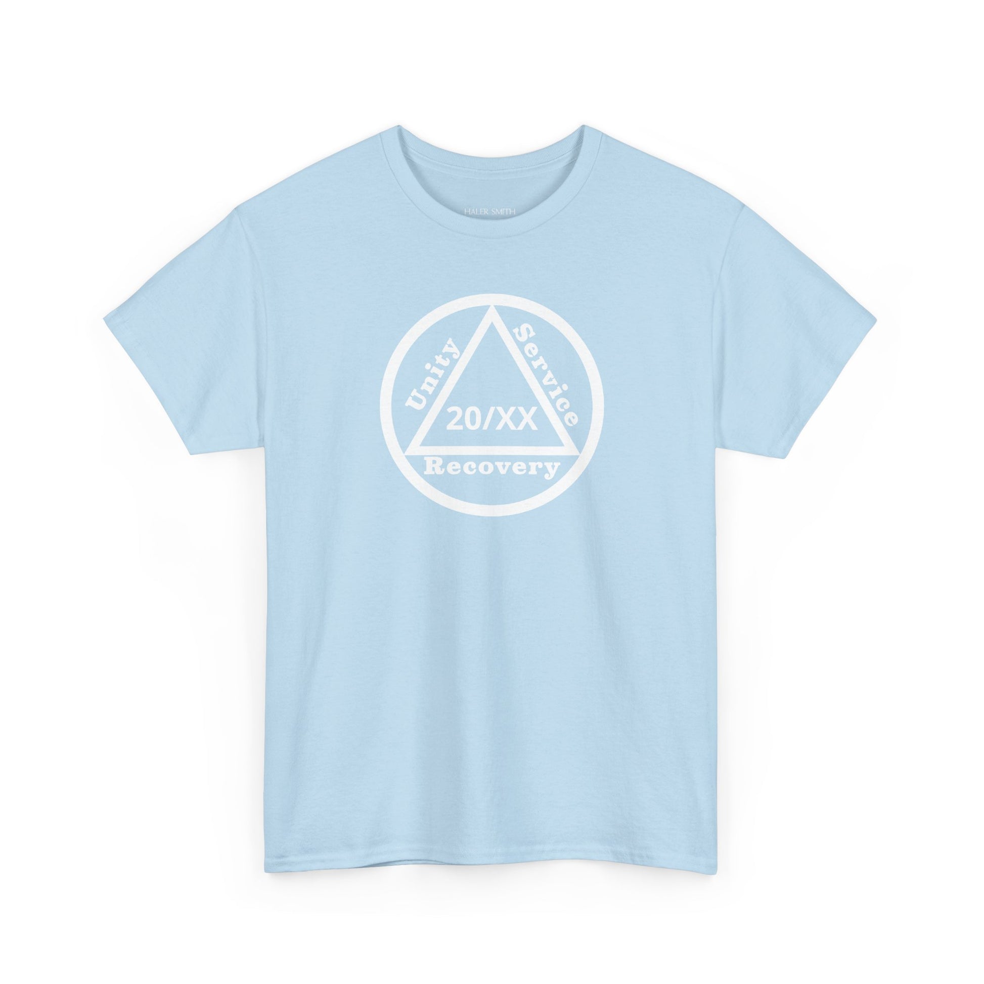 Unity Service Recovery recovery short sleeve T-shirt in Light Blue featuring Unity Service Recovery Sobriety Years Design 1 on the front