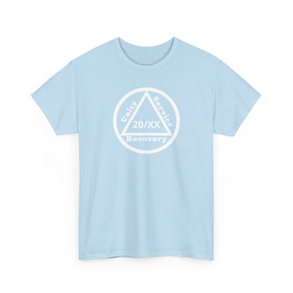 Unity Service Recovery recovery short sleeve T-shirt in Light Blue featuring Unity Service Recovery Sobriety Years Design 1 on the front
