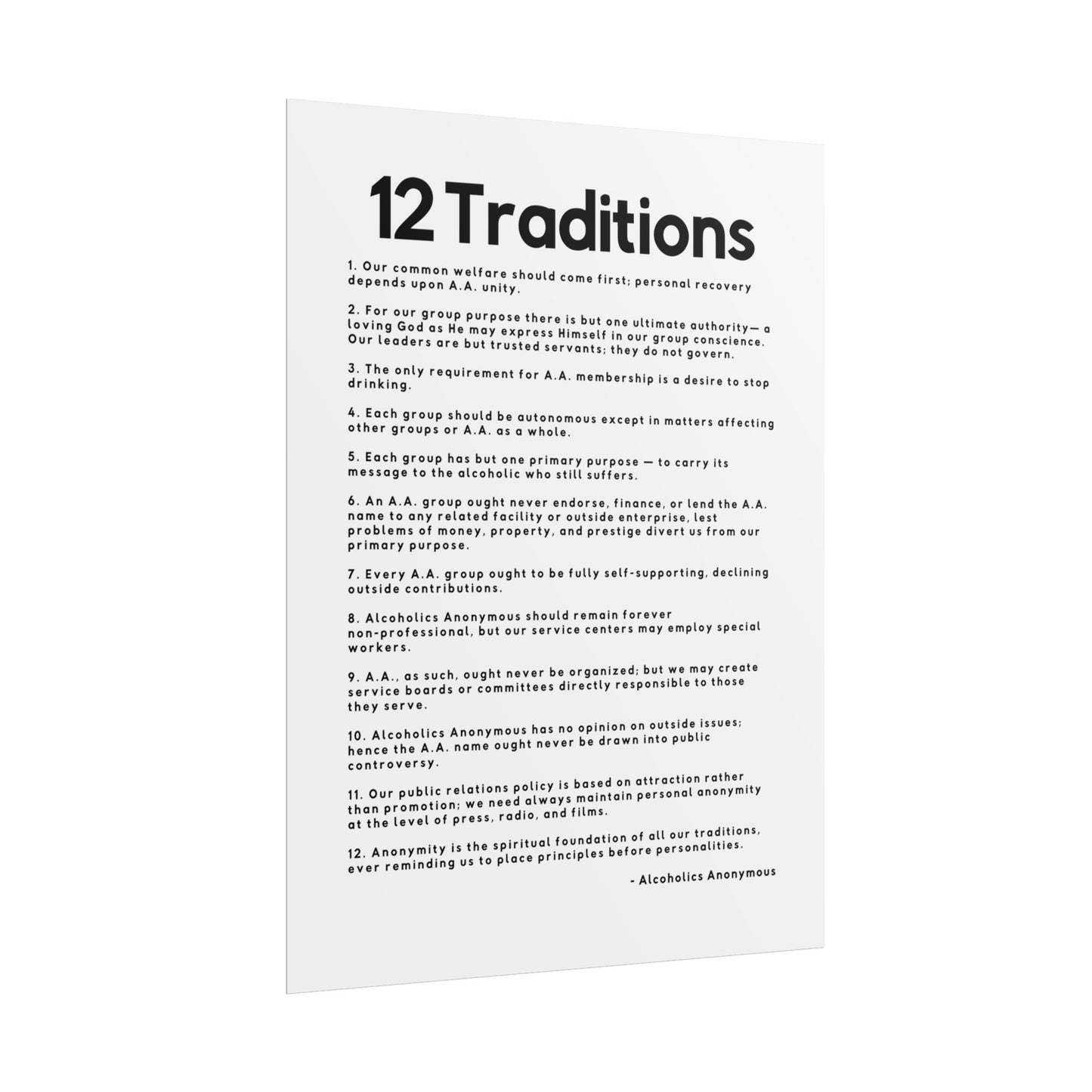 Haler Smith Rolled Poster - 12 Traditions - Vertical White Matte Finish - Black Letters