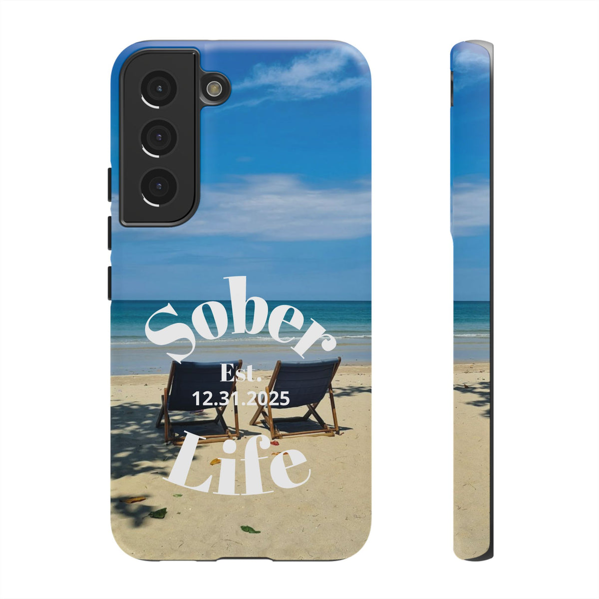 Sober Life Est. personalized recovery Samsung Galaxy phone case featuring the Beach Scene and Sober Life Est. Design 1
