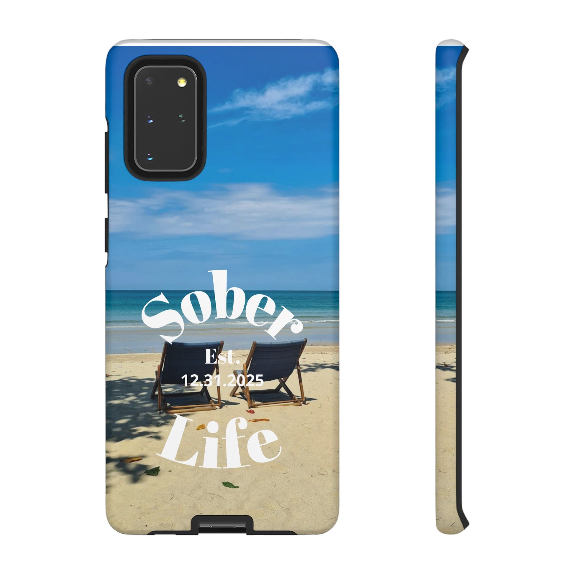 Sober Life Est. personalized recovery Samsung Galaxy phone case featuring the Beach Scene and Sober Life Est. Design 1
