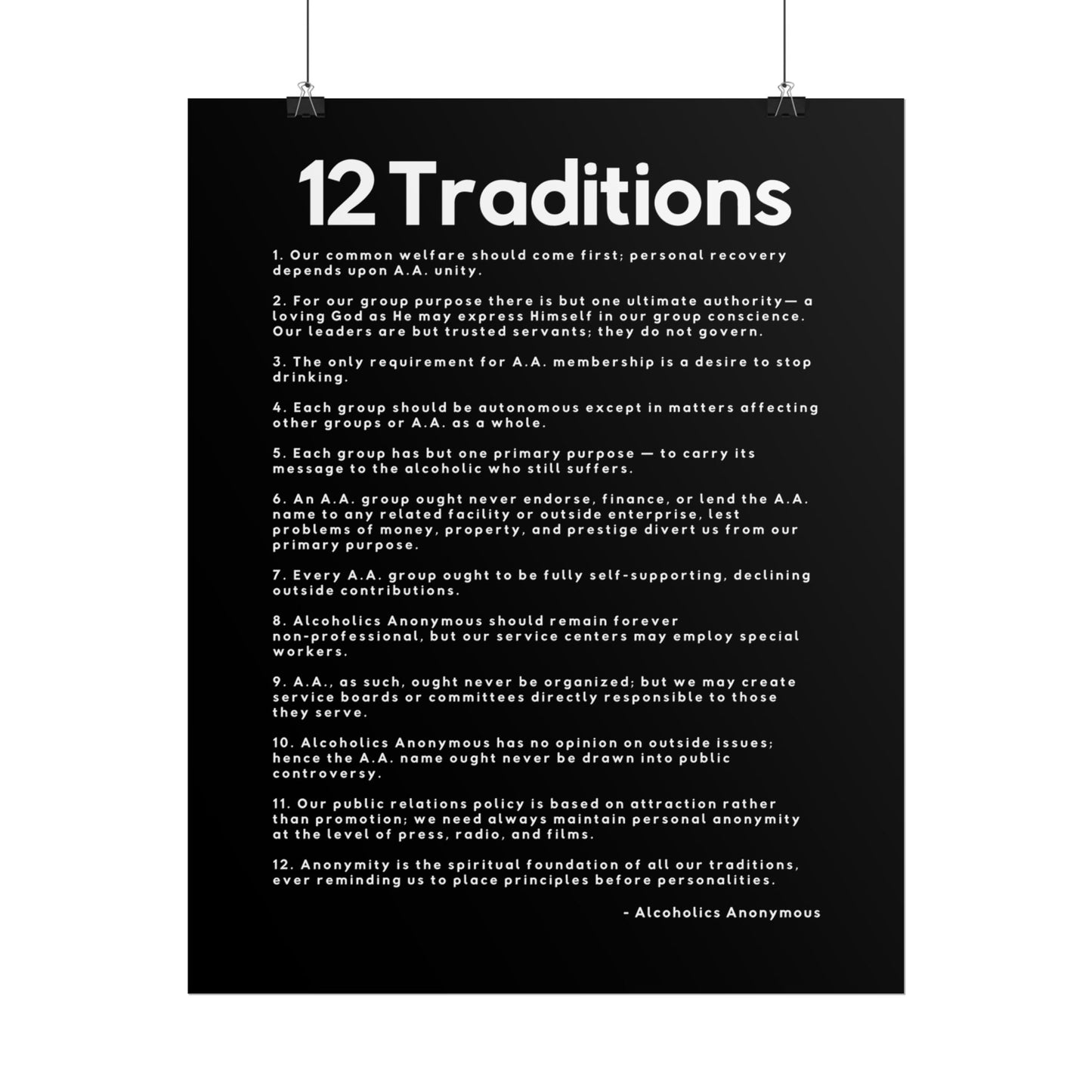 Haler Smith Rolled Poster - 12 Traditions - Vertical Black Matte Finish - White Letters