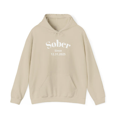 Sober Since recovery hoodie in Sand featuring Sober Since Design 1 on the front