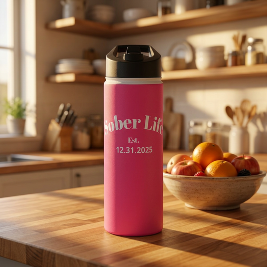 Recovery Insulated Stainless Steel Water Bottle | Sober Life Est. Design 1 | Pink