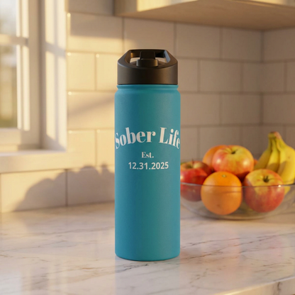 Recovery Insulated Stainless Steel Water Bottle | Sober Life Est. Design 1 | Turquoise