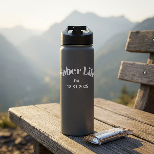 Recovery Insulated Stainless Steel Water Bottle | Sober Life Est. Design 1 | Dark Grey