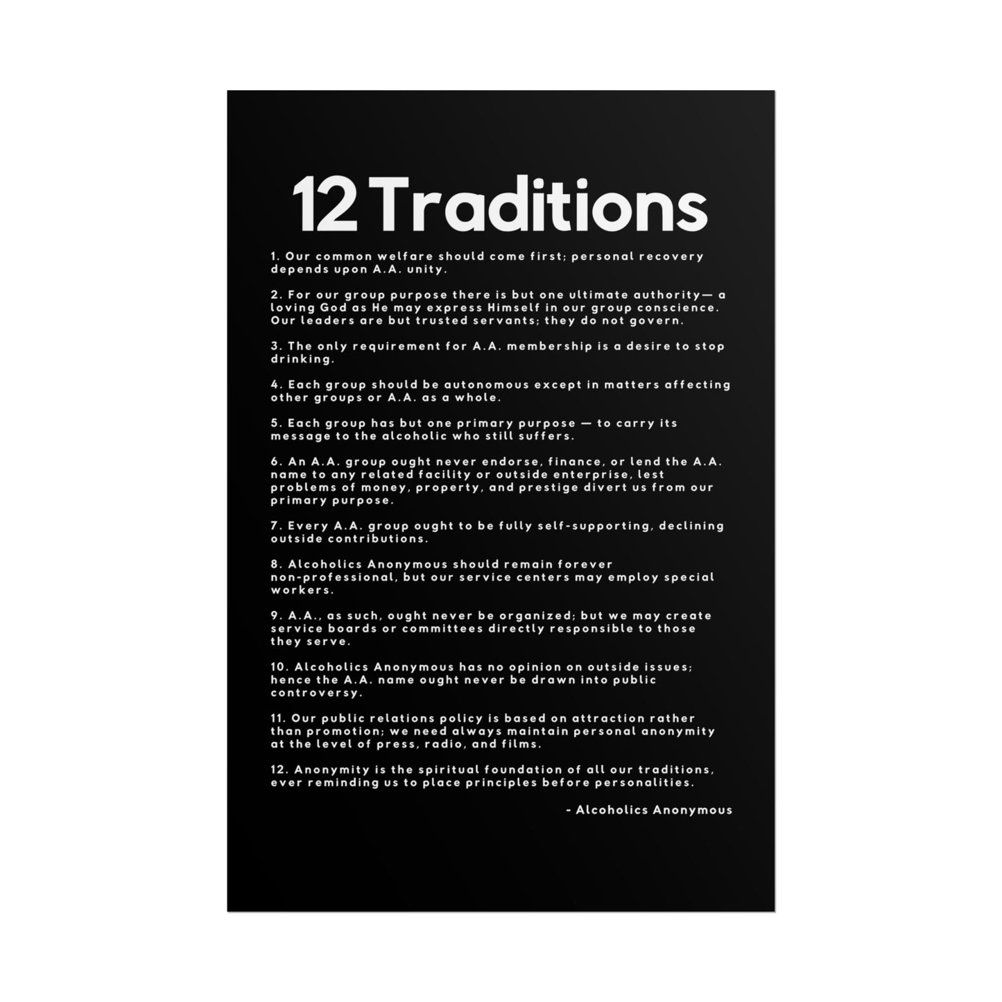 Haler Smith Rolled Poster - 12 Traditions - Vertical Black Matte Finish - White Letters