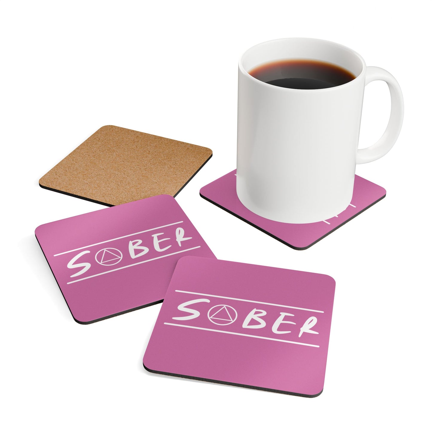 Recovery Corkwood Coaster Set of 4 | Sober Design 1 | Light Pink with White Letters