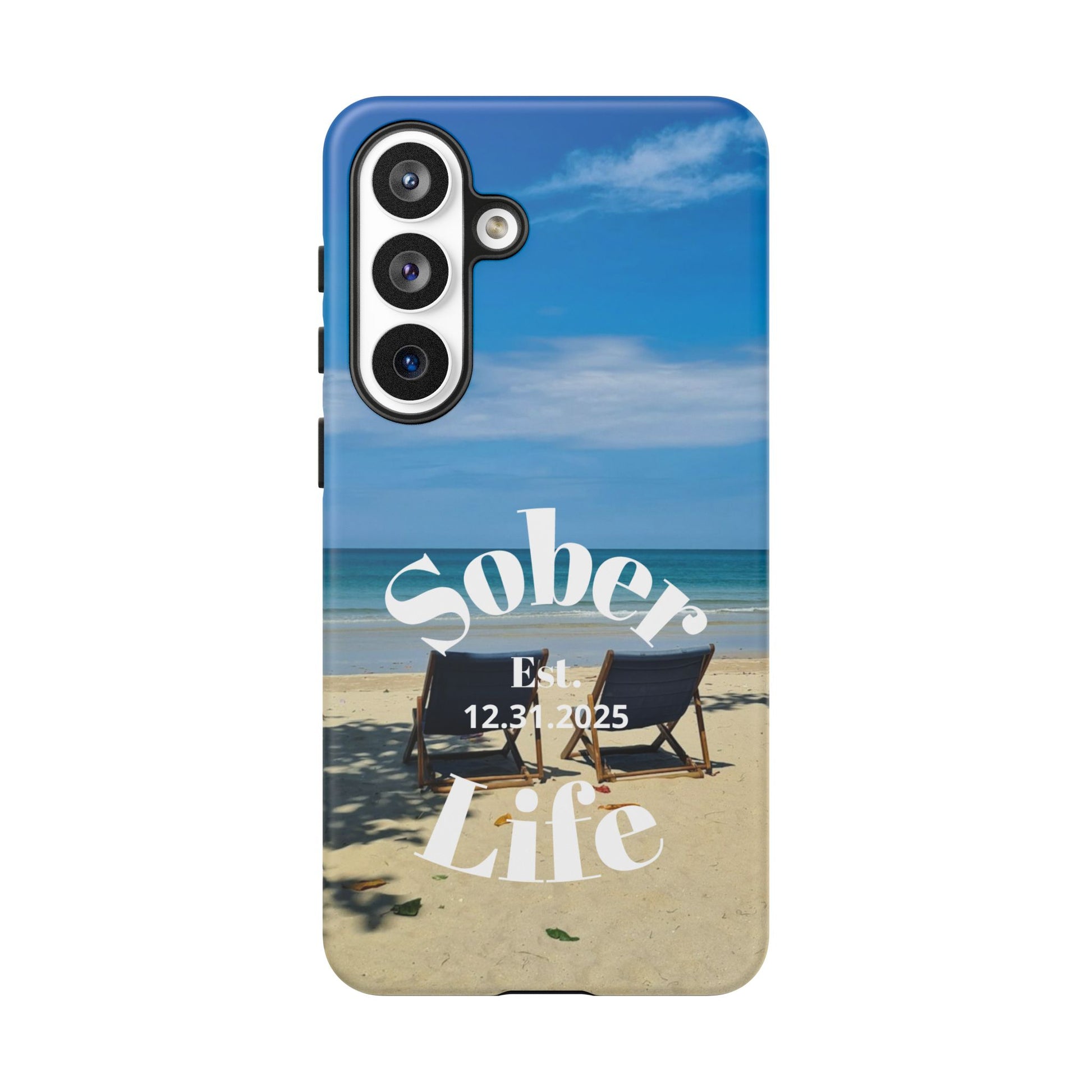 Sober Life Est. personalized recovery Samsung Galaxy phone case featuring the Beach Scene and Sober Life Est. Design 1