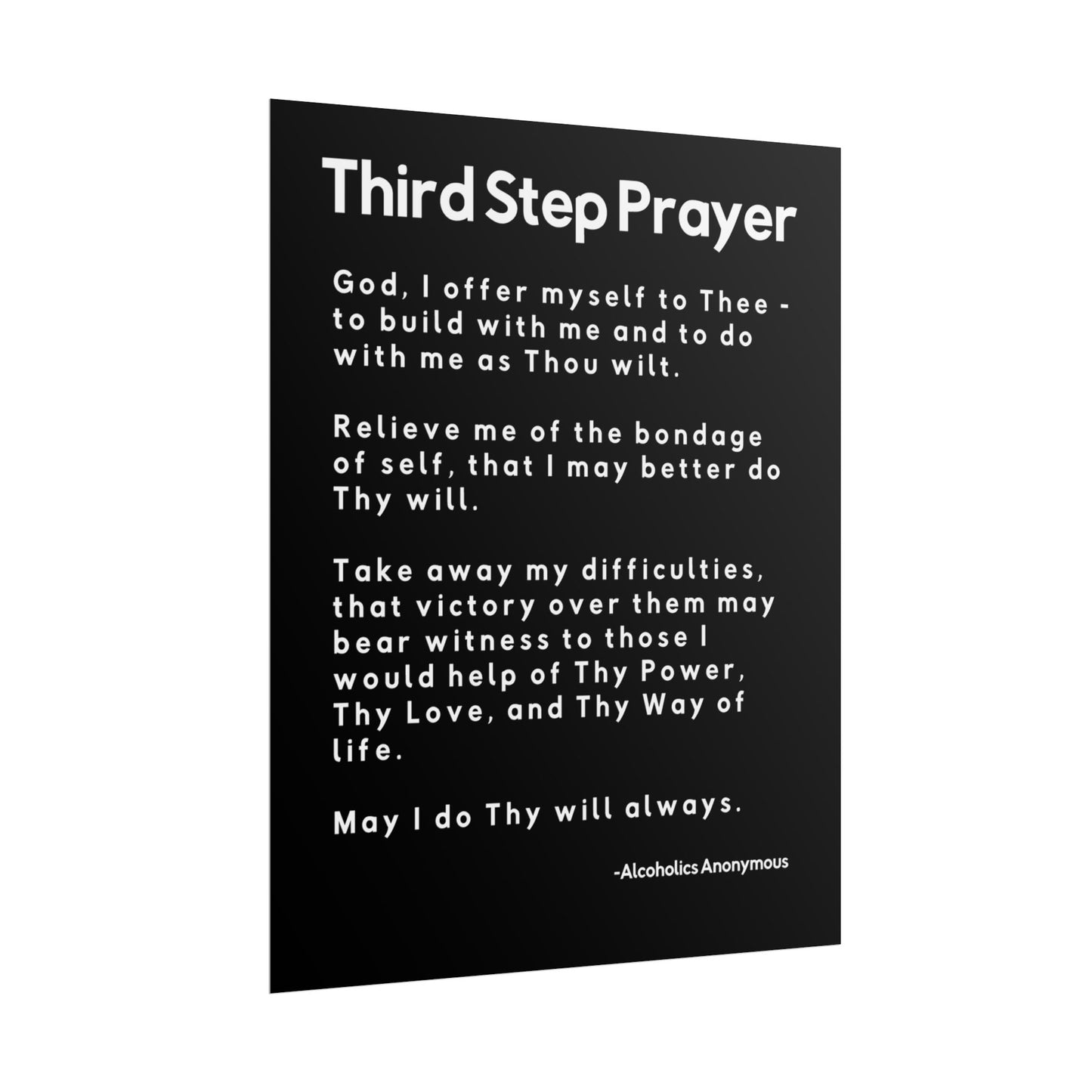 Haler Smith Rolled Poster - 3rd Step Prayer - Vertical Black Matte Finish - White Letters
