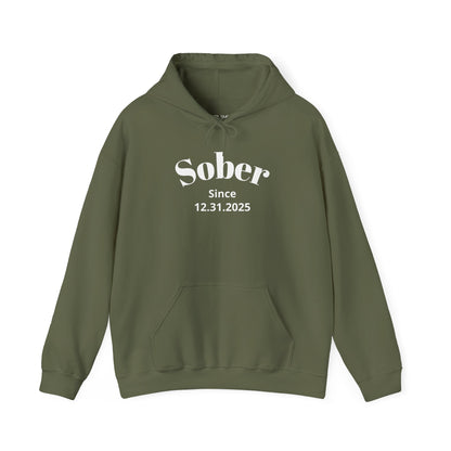 Sober Since recovery hoodie in Military Green featuring Sober Since Design 1 on the front