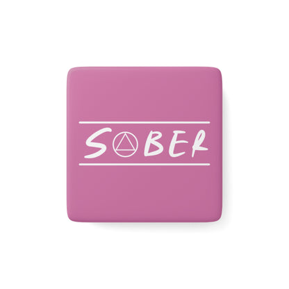 Recovery Square Porcelain Magnet | Sober Design 1 | Light Pink with White Letters