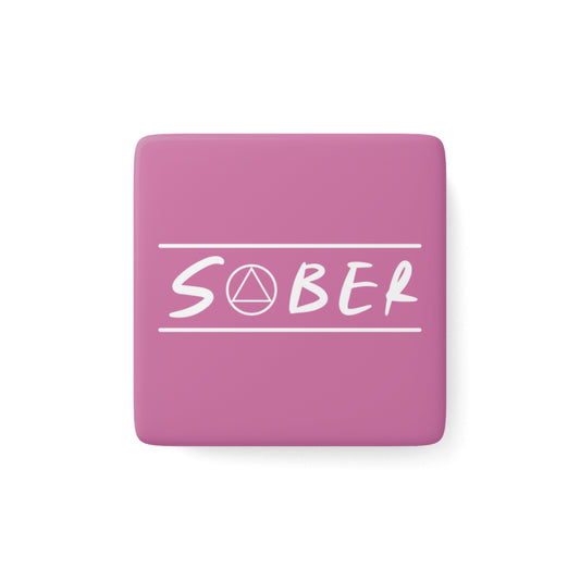 Recovery Square Porcelain Magnet | Sober Design 1 | Light Pink with White Letters