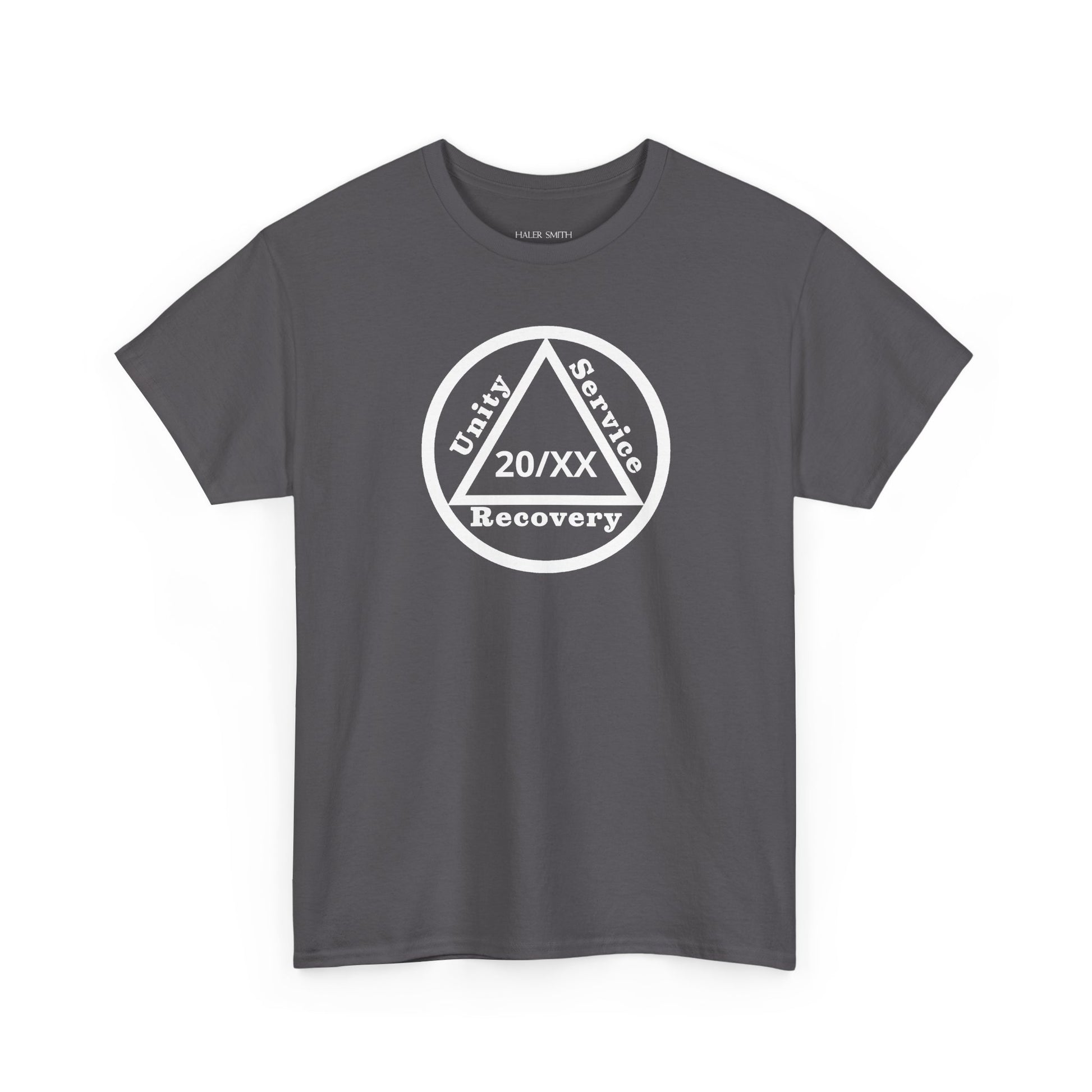 Unity Service Recovery recovery short sleeve T-shirt in Charcoal featuring Unity Service Recovery Sobriety Years Design 1 on the front