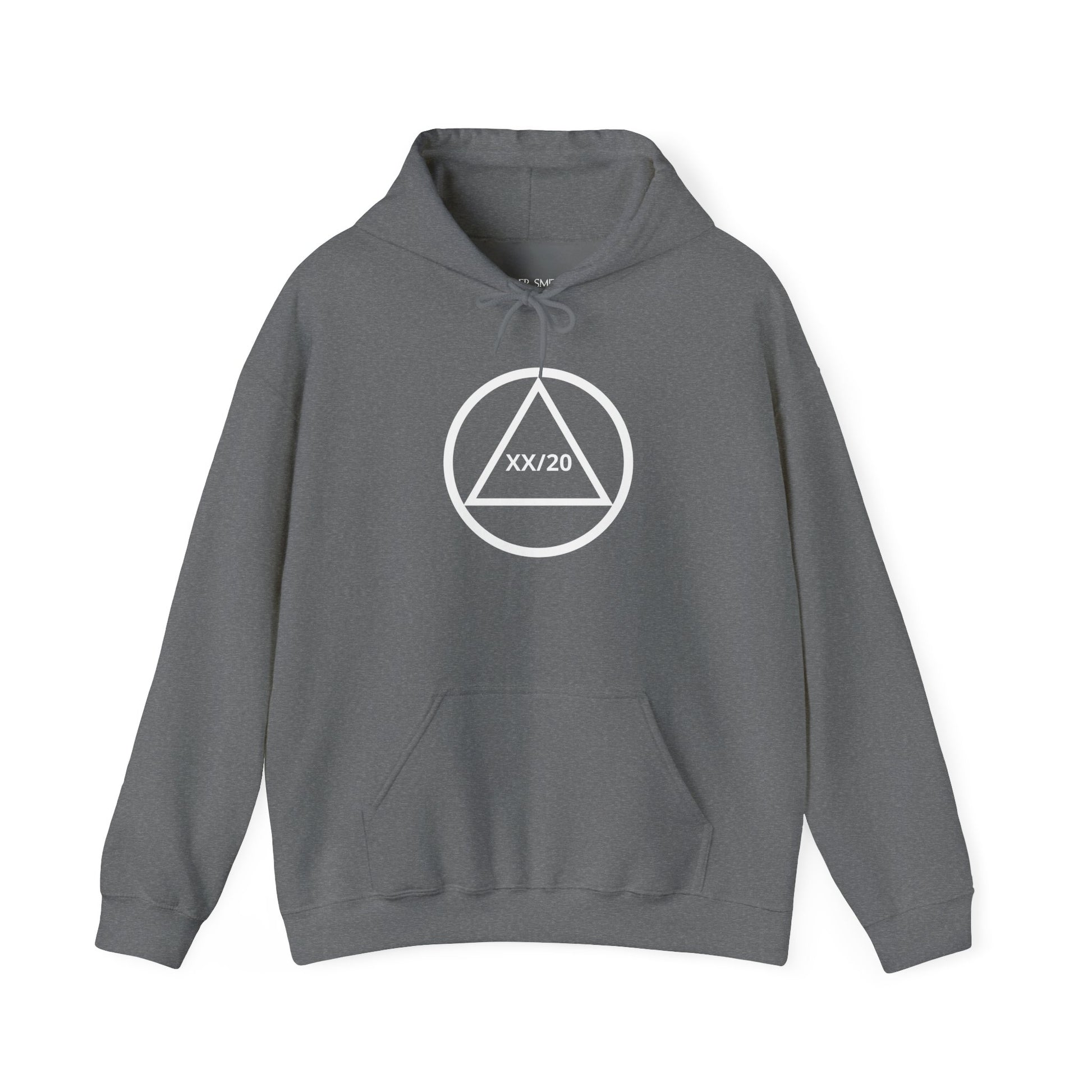 Circle and Triangle personalized recovery hoodie in Graphite Heather featuring Circle and Triangle Sobriety Years Design 1 with personalized sobriety year on the front